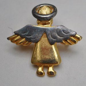 🐸 D.M. DM 95 signed gold & silver tone angel bin brooch (534)
